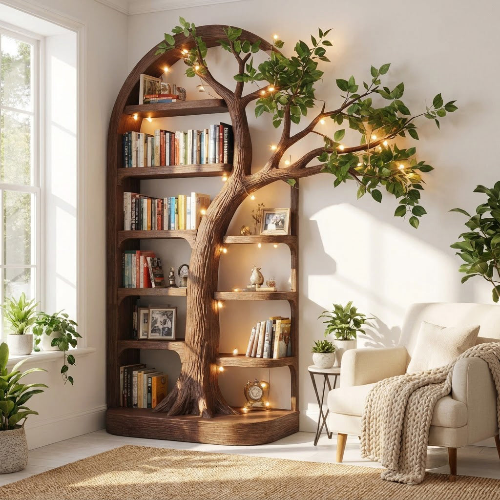 Sculptural Hand-Carved Solid Wood Arched Tree Bookshelf With Cantilevered Branch Canopy & Display Shelves