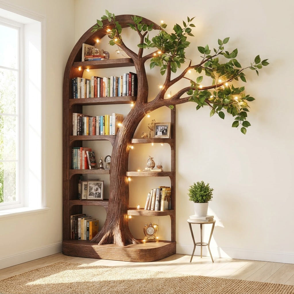 Sculptural Hand-Carved Solid Wood Arched Tree Bookshelf With Cantilevered Branch Canopy & Display Shelves