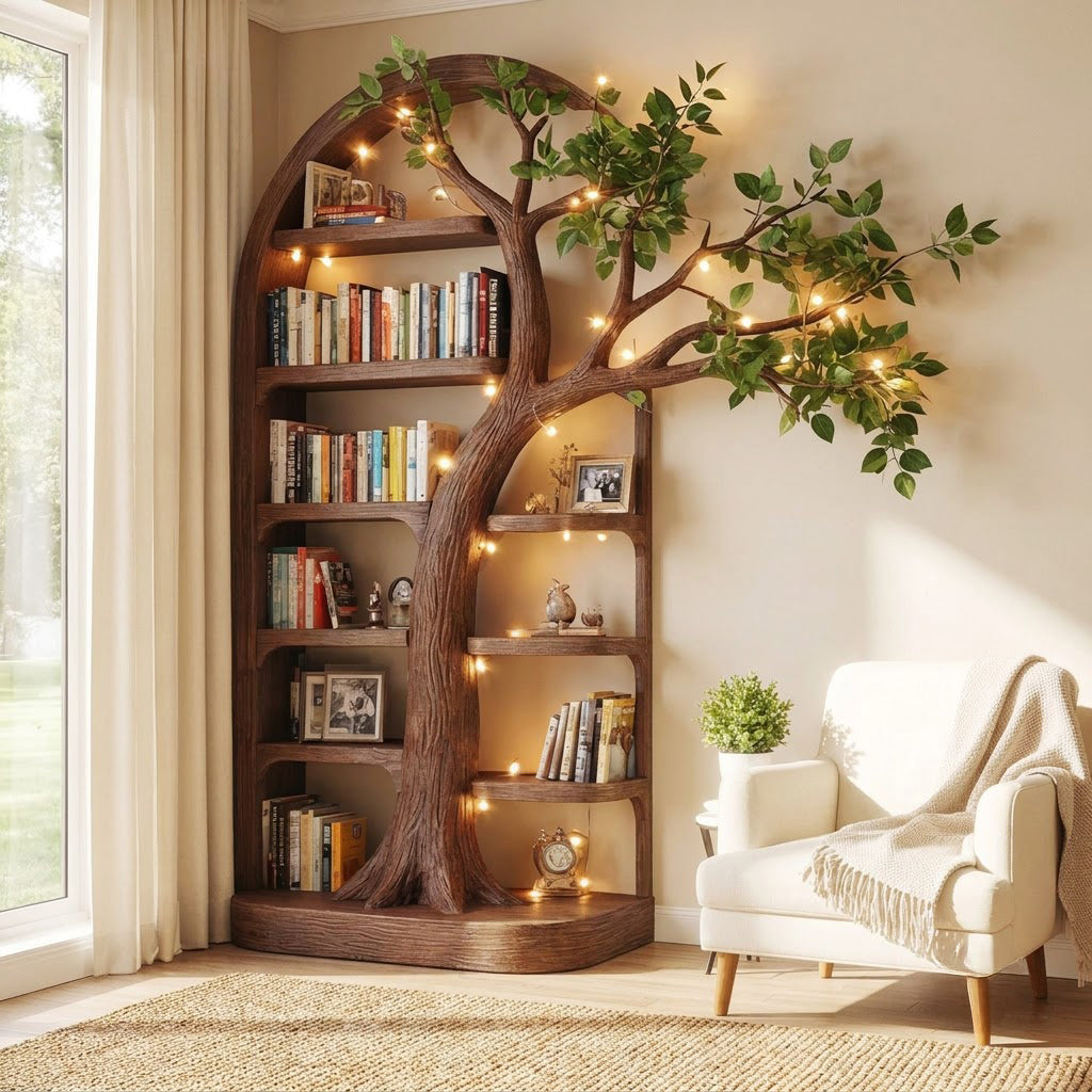 Sculptural Hand-Carved Solid Wood Arched Tree Bookshelf With Cantilevered Branch Canopy & Display Shelves