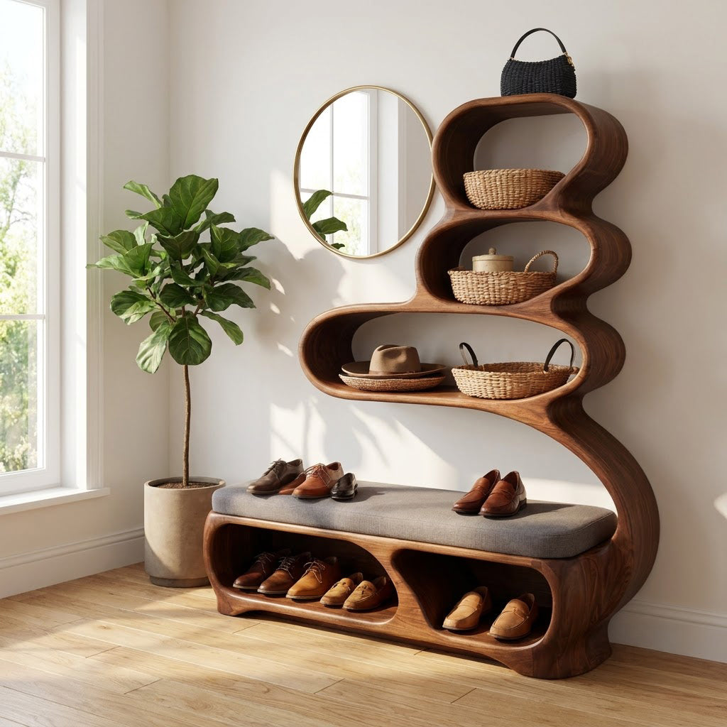 Sculptural Hand-Carved Solid Wood Entryway Bench & Multi-Tier Curvilinear Storage Unit With Integrated Shoe Cubbies