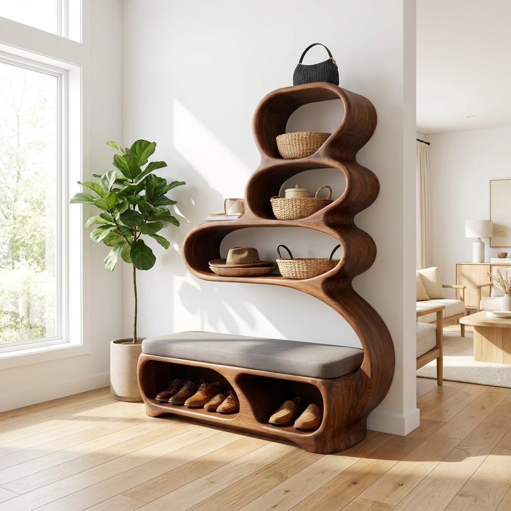 Sculptural Hand-Carved Solid Wood Entryway Bench & Multi-Tier Curvilinear Storage Unit With Integrated Shoe Cubbies