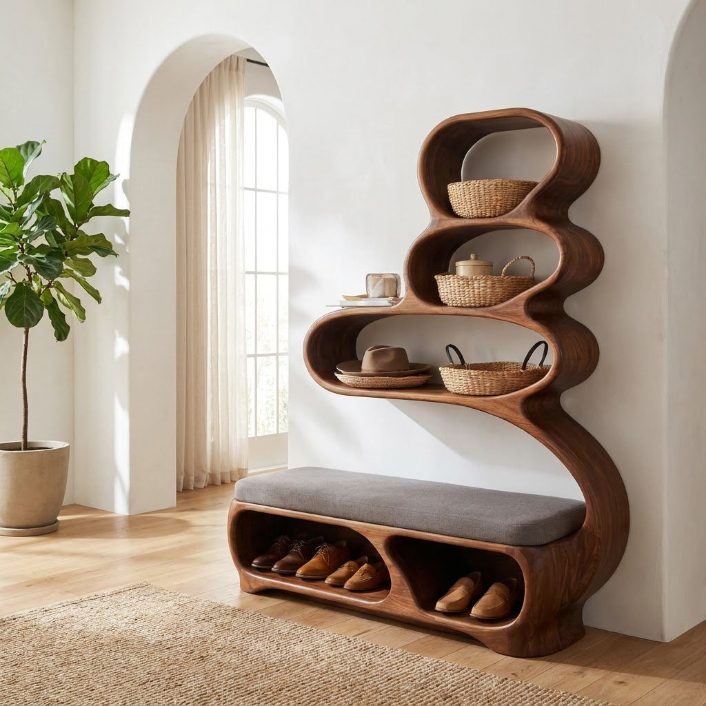 Sculptural Hand-Carved Solid Wood Entryway Bench & Multi-Tier Curvilinear Storage Unit With Integrated Shoe Cubbies
