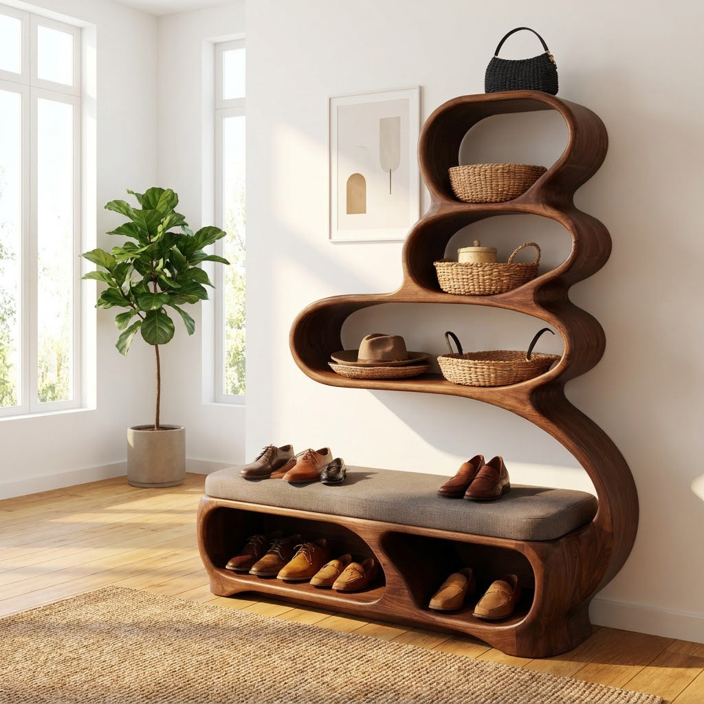 Sculptural Hand-Carved Solid Wood Entryway Bench & Multi-Tier Curvilinear Storage Unit With Integrated Shoe Cubbies
