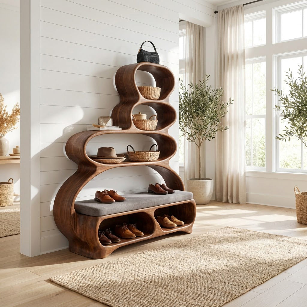 Sculptural Hand-Carved Solid Wood Entryway Bench & Multi-Tier Curvilinear Storage Unit With Integrated Shoe Cubbies
