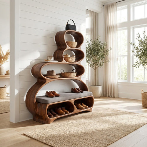 Sculptural Hand-Carved Solid Wood Entryway Bench & Multi-Tier Curvilinear Storage Unit With Integrated Shoe Cubbies