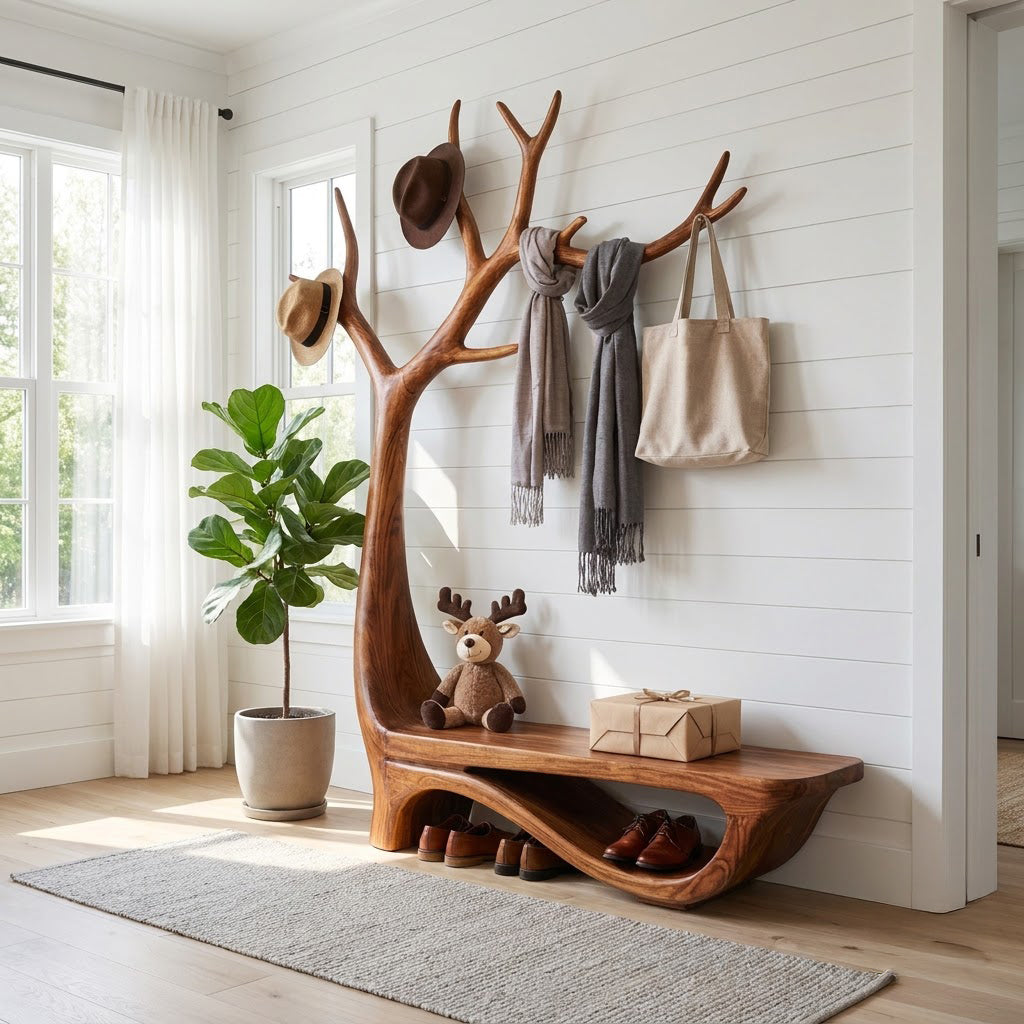 Sculptural Hand-Carved Solid Wood Tree Entryway Bench & Branch Coat Rack With Integrated Shoe Shelf