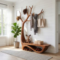 Sculptural Hand-Carved Solid Wood Tree Entryway Bench & Branch Coat Rack With Integrated Shoe Shelf