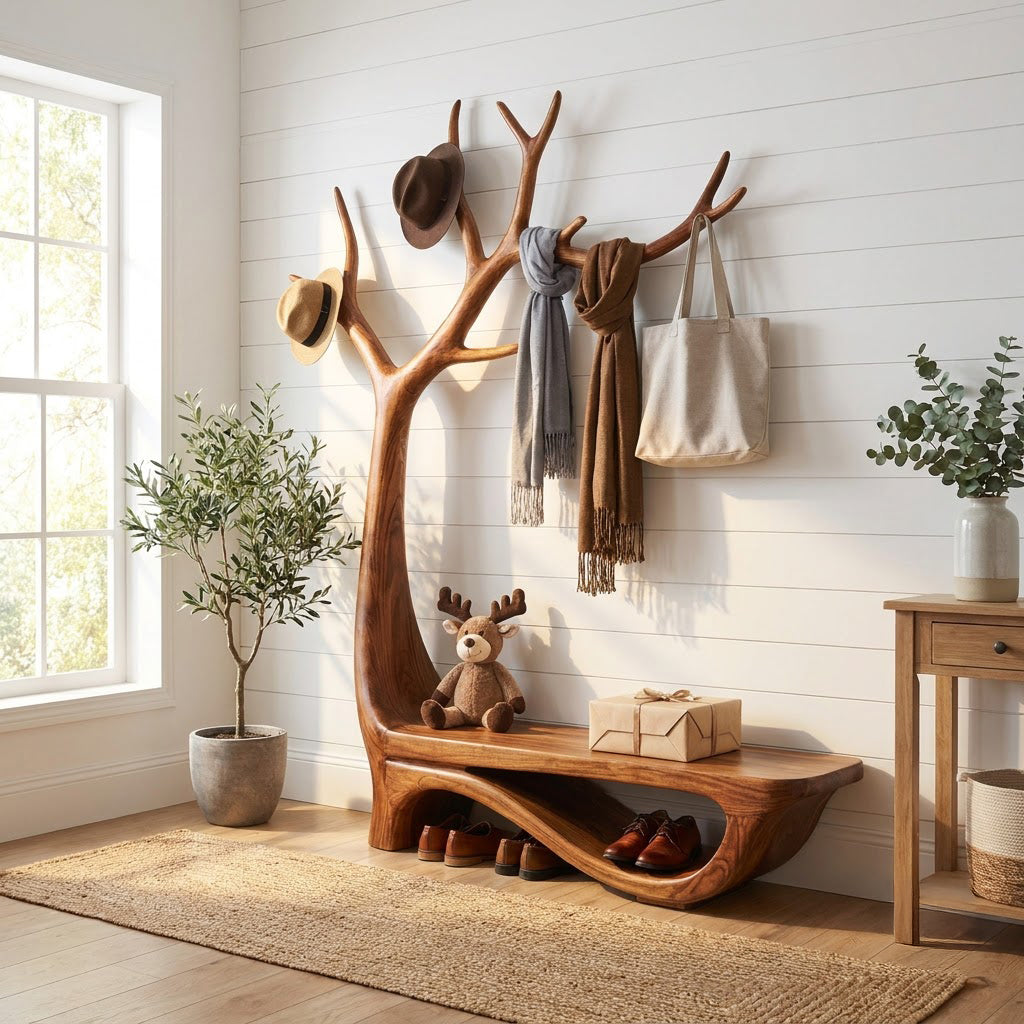 Sculptural Hand-Carved Solid Wood Tree Entryway Bench & Branch Coat Rack With Integrated Shoe Shelf