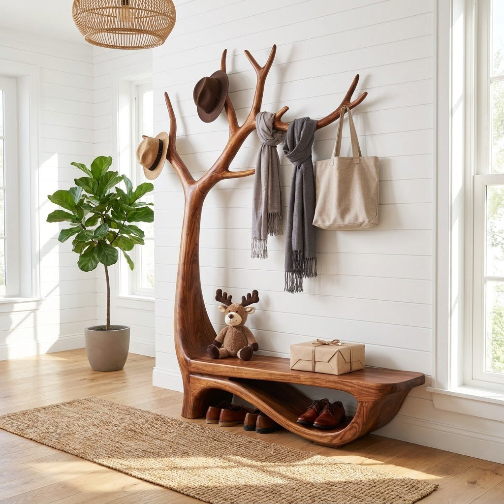 Sculptural Hand-Carved Solid Wood Tree Entryway Bench & Branch Coat Rack With Integrated Shoe Shelf