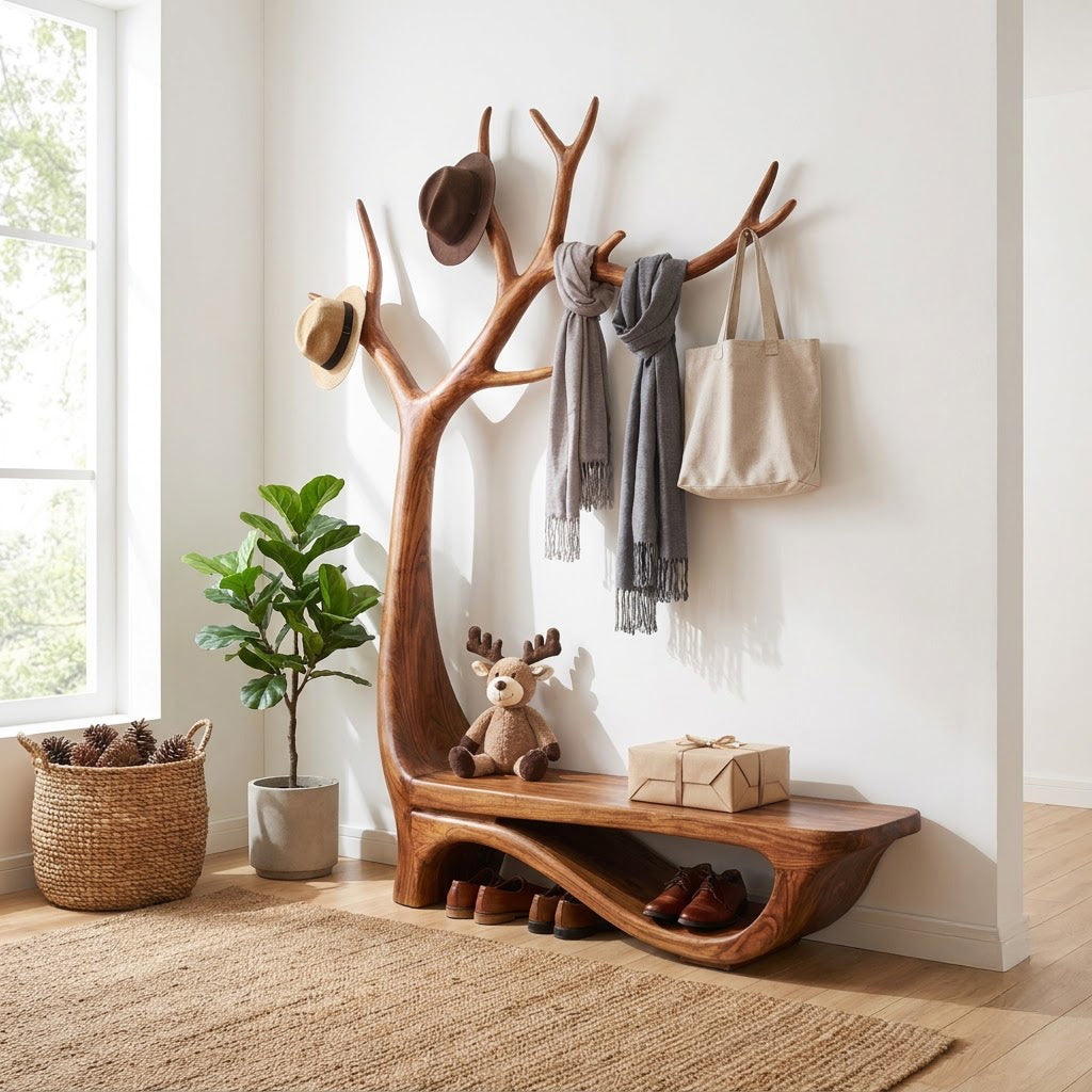 Sculptural Hand-Carved Solid Wood Tree Entryway Bench & Branch Coat Rack With Integrated Shoe Shelf