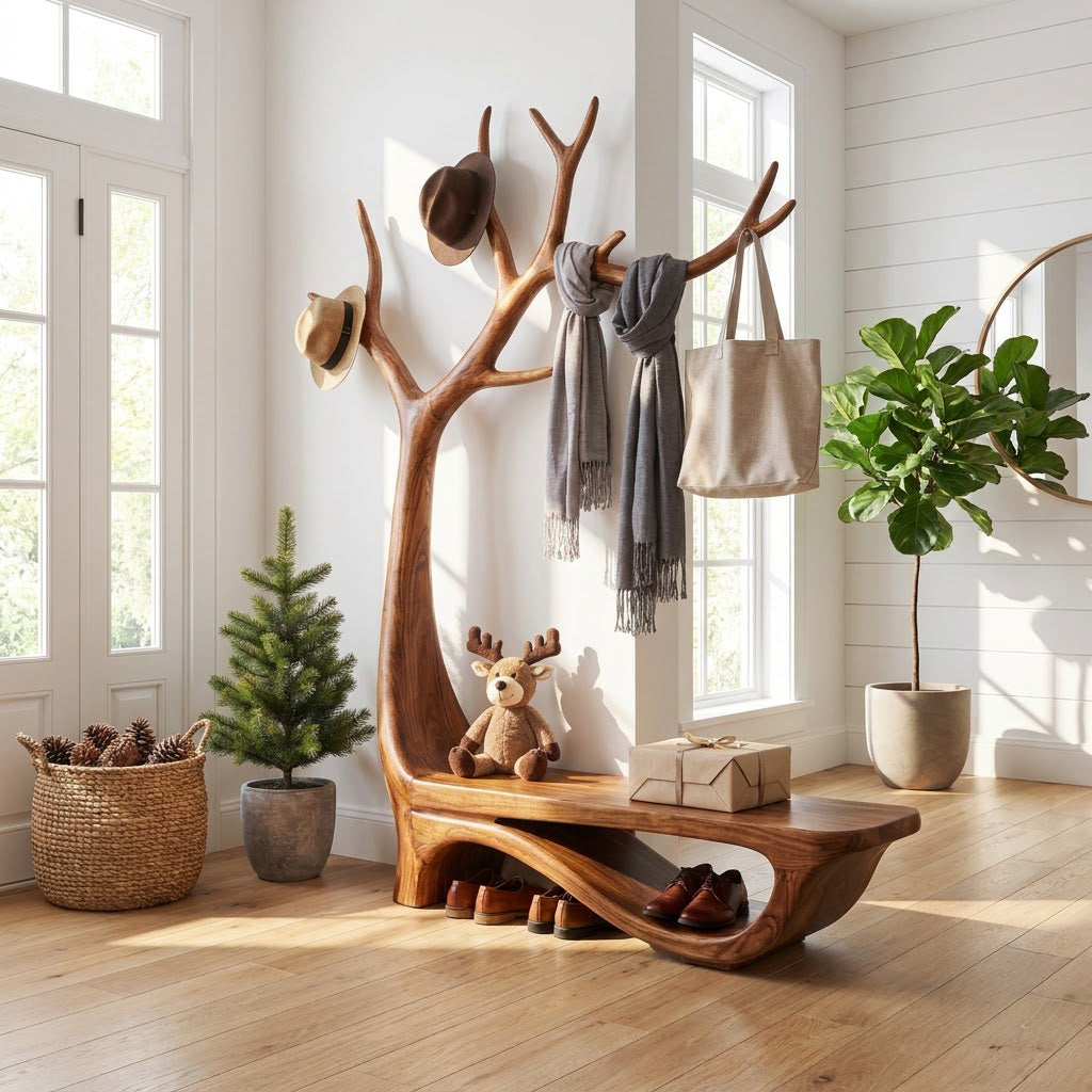 Sculptural Hand-Carved Solid Wood Tree Entryway Bench & Branch Coat Rack With Integrated Shoe Shelf