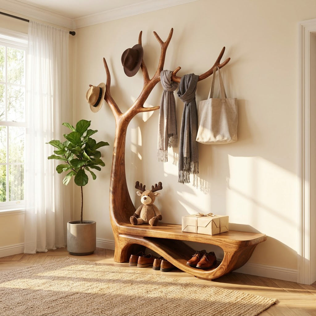 Sculptural Hand-Carved Solid Wood Tree Entryway Bench & Branch Coat Rack With Integrated Shoe Shelf