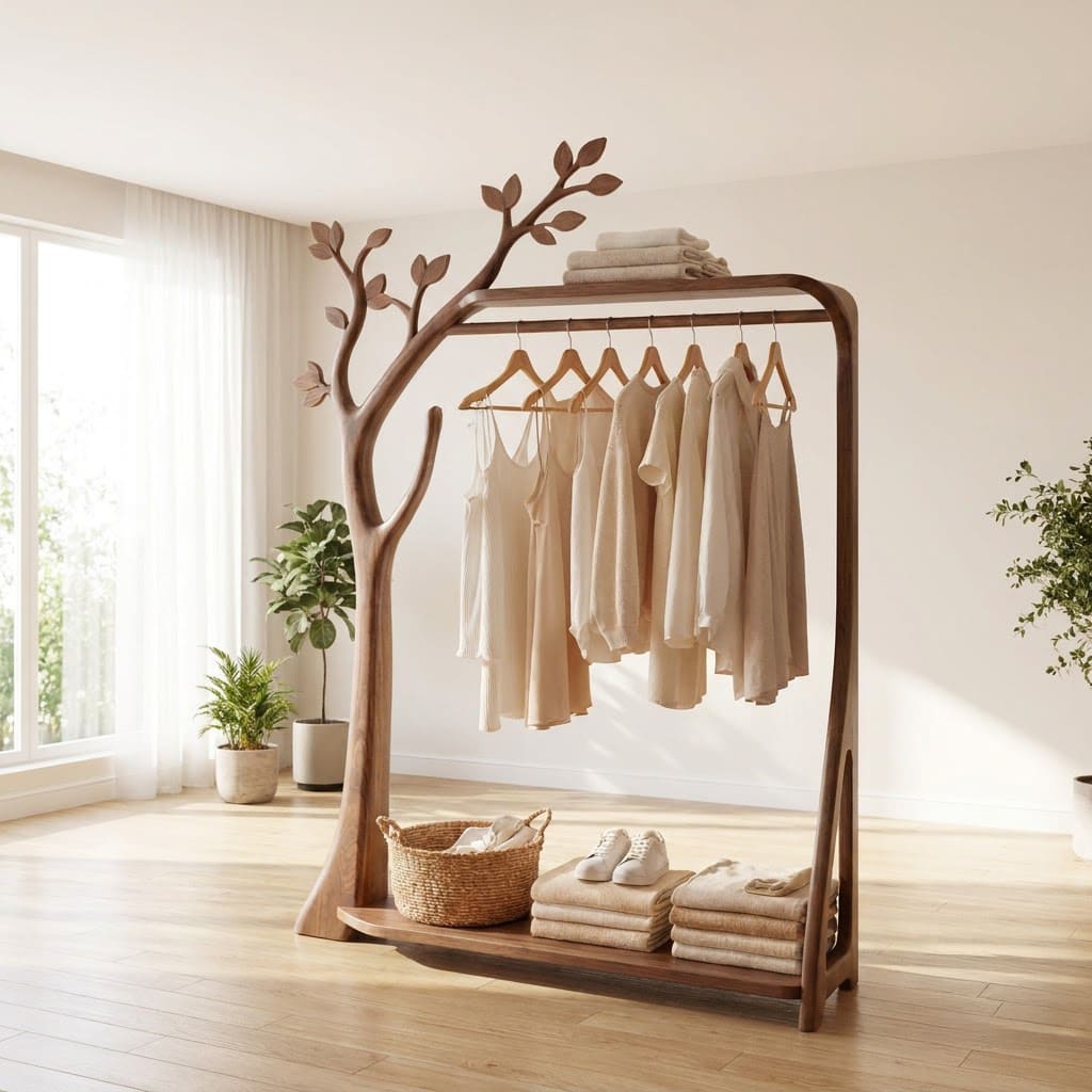 Sculptural Hand-Carved Solid Wood Tree Hanger & Standing Wardrobe Clothing Rack