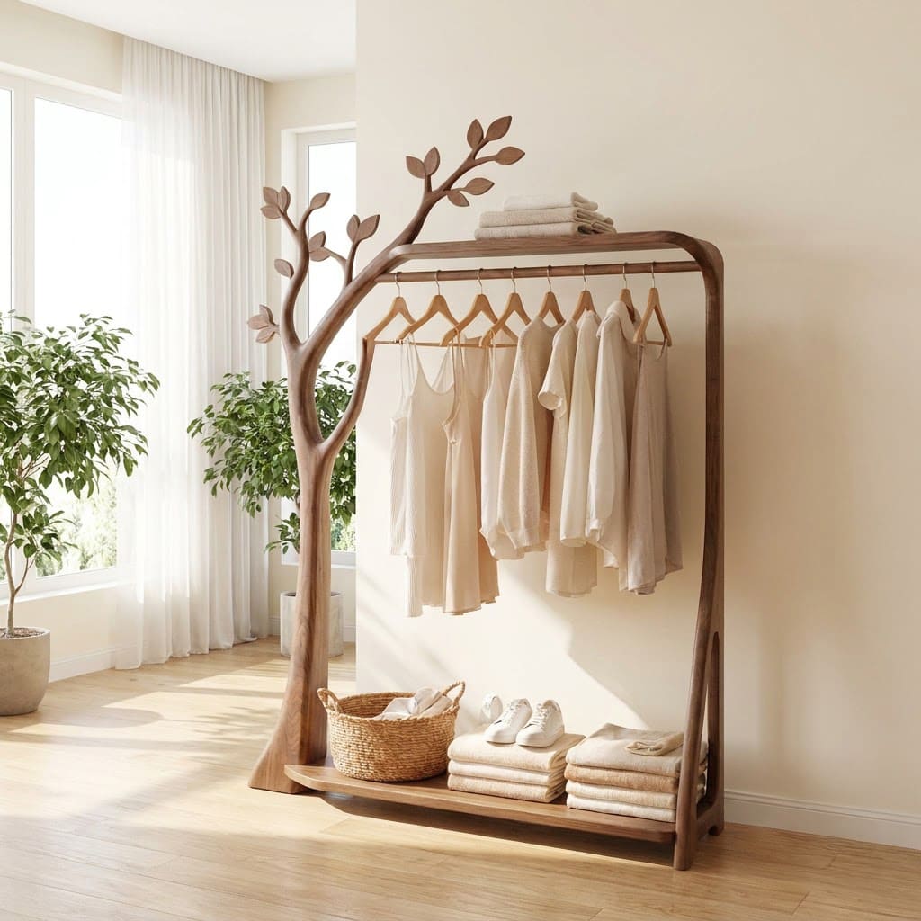 Sculptural Hand-Carved Solid Wood Tree Hanger & Standing Wardrobe Clothing Rack