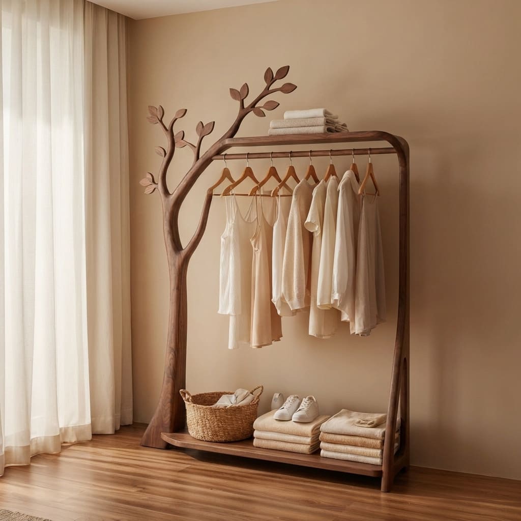 Sculptural Hand-Carved Solid Wood Tree Hanger & Standing Wardrobe Clothing Rack