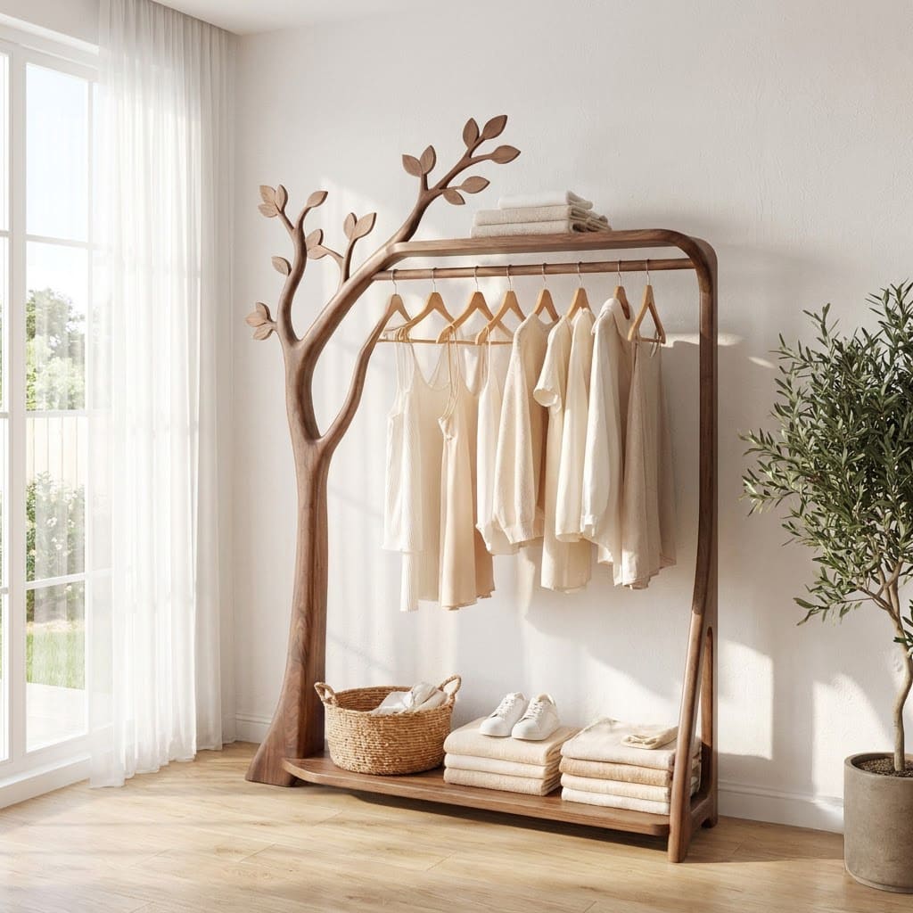 Sculptural Hand-Carved Solid Wood Tree Hanger & Standing Wardrobe Clothing Rack