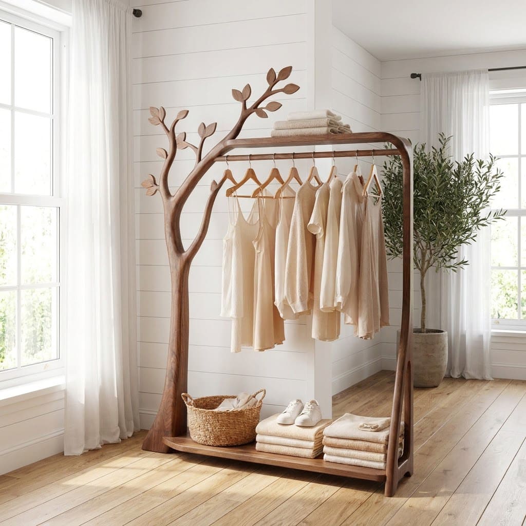 Sculptural Hand-Carved Solid Wood Tree Hanger & Standing Wardrobe Clothing Rack