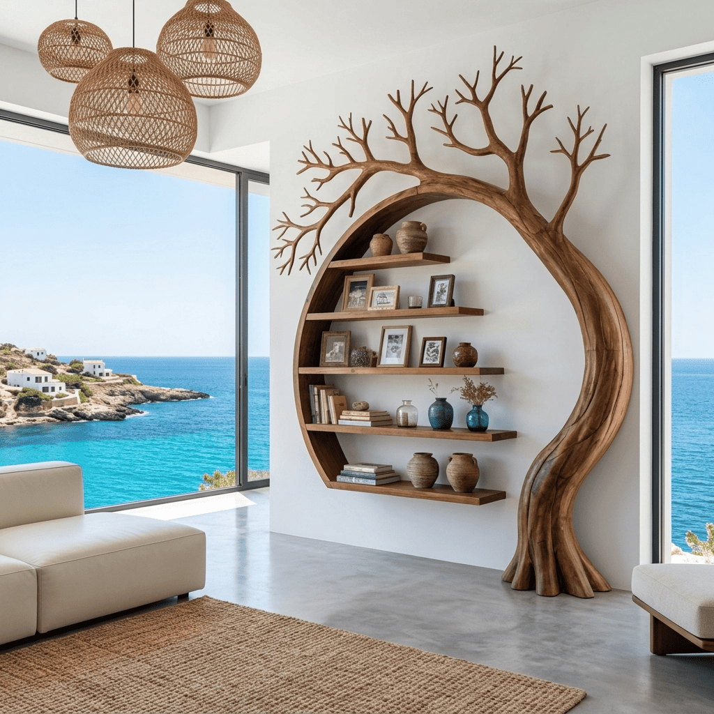 Sculptural Hand-Carved Tree Moon Solid Wood Bookshelf & Architectural Display Unit