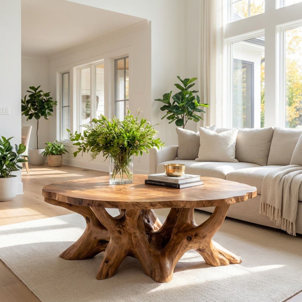 Sculptural Hand-Carved Tree Root Round Solid Wood Coffee Table & Sprawling Branch Base