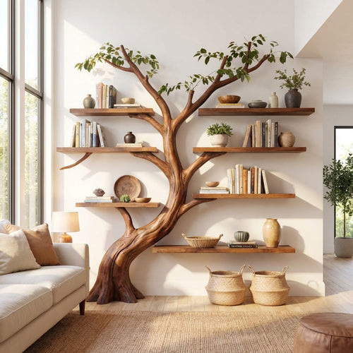 Sculptural Hand-Carved Tree Solid Wood Bookshelf & Branch Wall Display Shelving Unit
