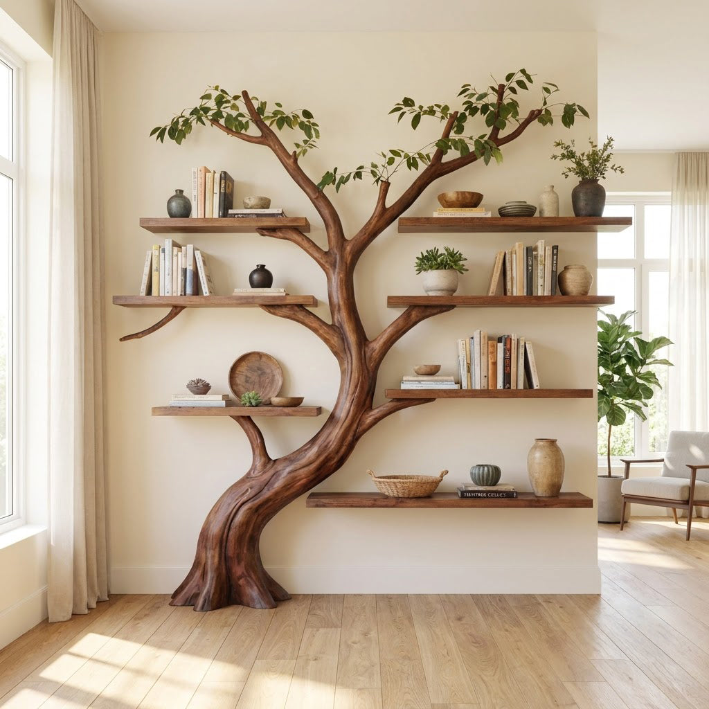 Sculptural Hand-Carved Tree Solid Wood Bookshelf & Branch Wall Display Shelving Unit