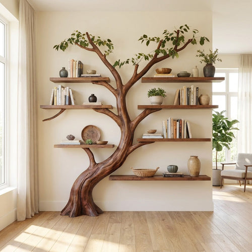 Sculptural Hand-Carved Tree Solid Wood Bookshelf & Branch Wall Display Shelving Unit