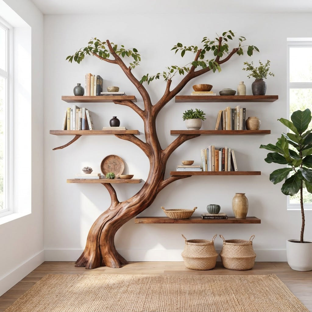Sculptural Hand-Carved Tree Solid Wood Bookshelf & Branch Wall Display Shelving Unit