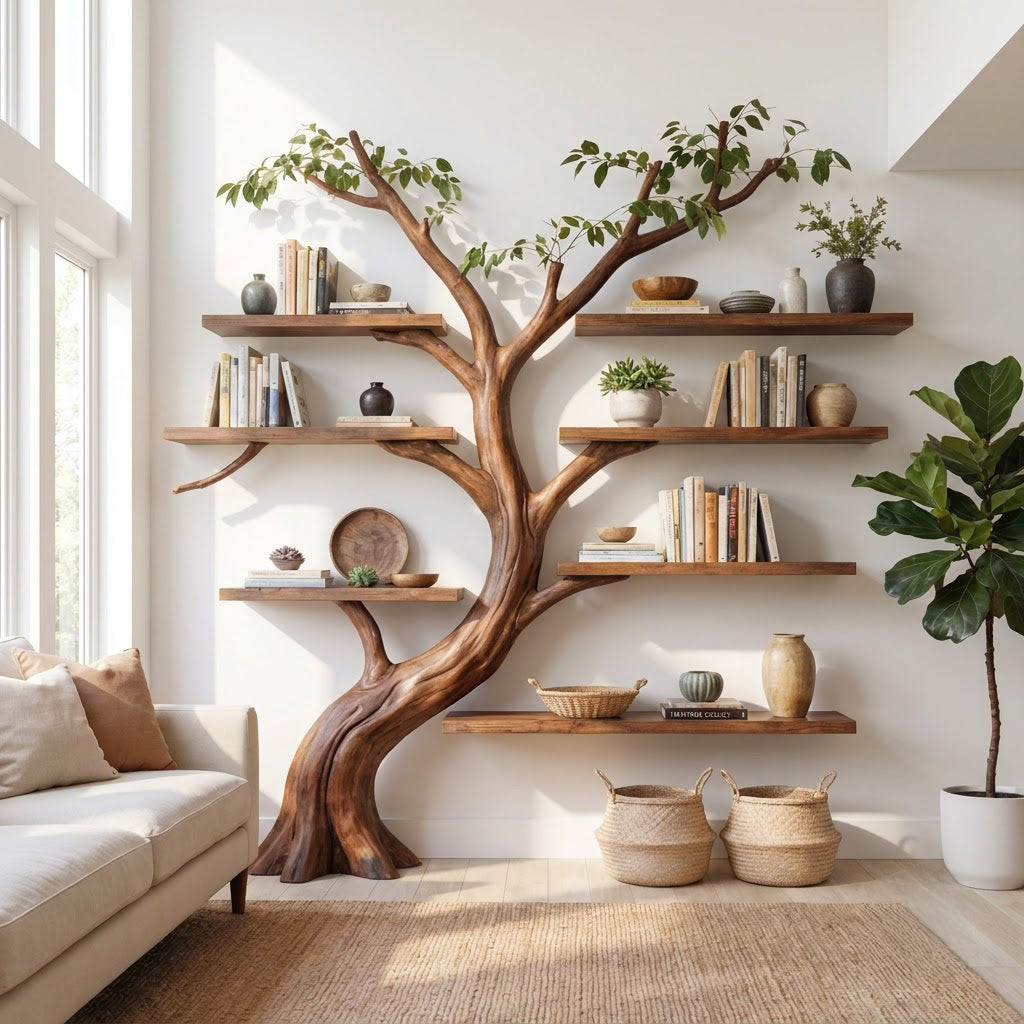 Sculptural Hand-Carved Tree Solid Wood Bookshelf & Branch Wall Display Shelving Unit