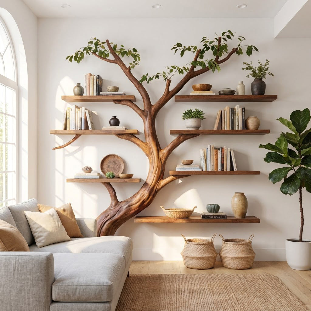 Sculptural Hand-Carved Tree Solid Wood Bookshelf & Branch Wall Display Shelving Unit