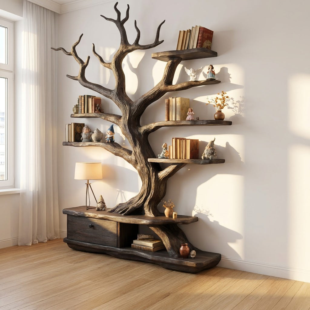 Sculptural Hand-Carved Tree Solid Wood Bookshelf & Branch Wall Display Unit With Integrated Credenza Storage Base
