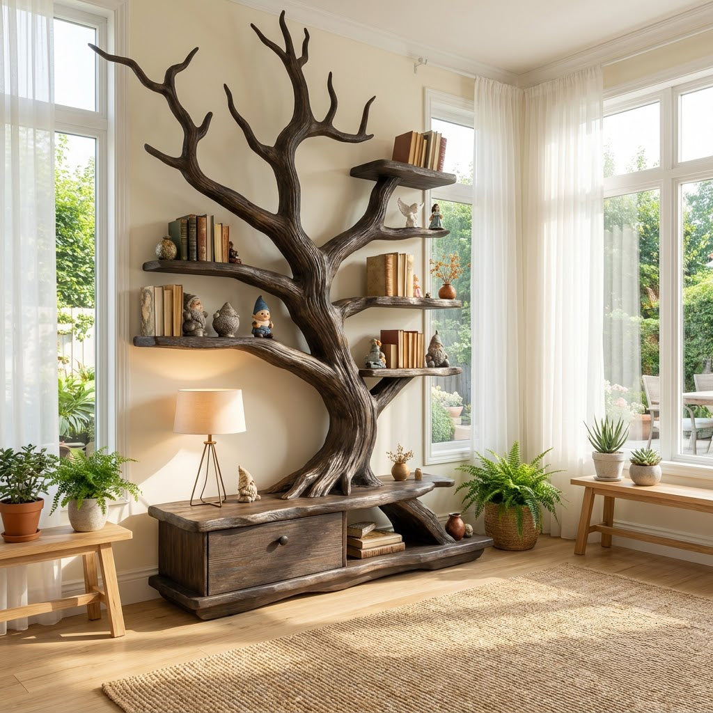 Sculptural Hand-Carved Tree Solid Wood Bookshelf & Branch Wall Display Unit With Integrated Credenza Storage Base