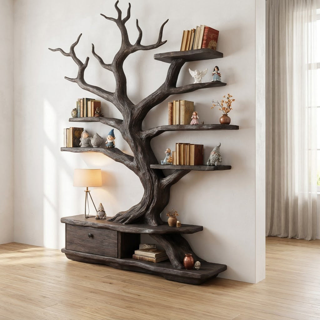 Sculptural Hand-Carved Tree Solid Wood Bookshelf & Branch Wall Display Unit With Integrated Credenza Storage Base