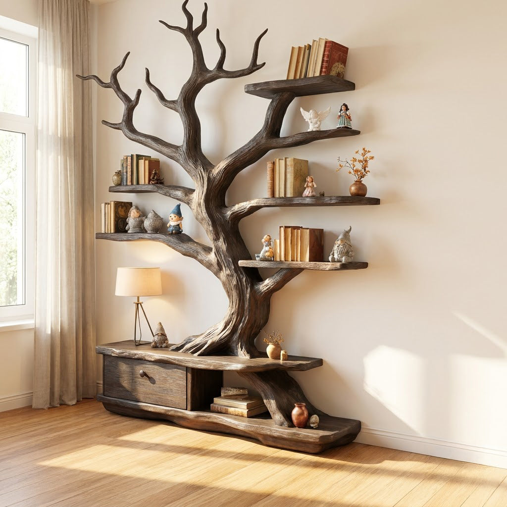 Sculptural Hand-Carved Tree Solid Wood Bookshelf & Branch Wall Display Unit With Integrated Credenza Storage Base