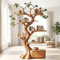 Sculptural Hand-Carved Tree Solid Wood Bookshelf & Branch Wall Display Unit With Integrated 2-Drawer Base