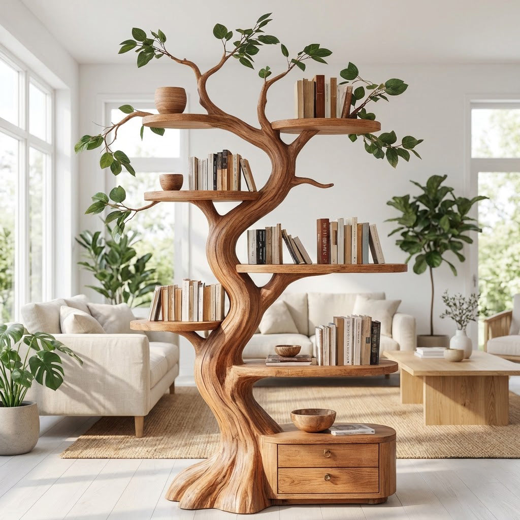 Sculptural Hand-Carved Tree Solid Wood Bookshelf & Branch Wall Display Unit With Integrated 2-Drawer Base