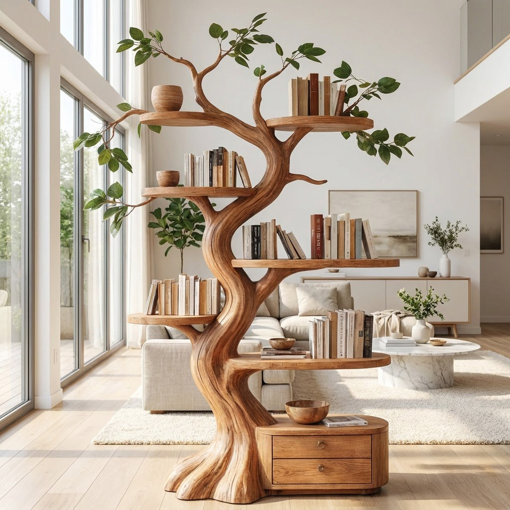 Sculptural Hand-Carved Tree Solid Wood Bookshelf & Branch Wall Display Unit With Integrated 2-Drawer Base