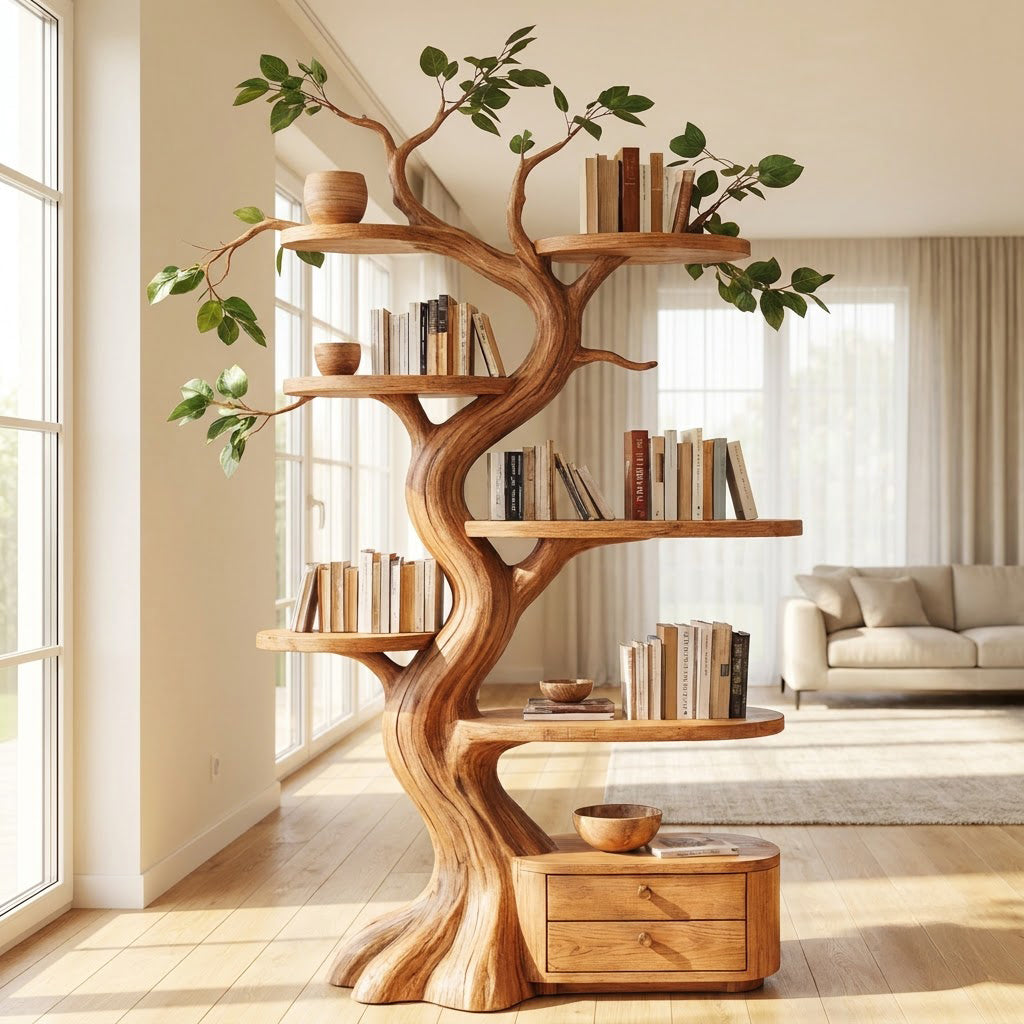 Sculptural Hand-Carved Tree Solid Wood Bookshelf & Branch Wall Display Unit With Integrated 2-Drawer Base