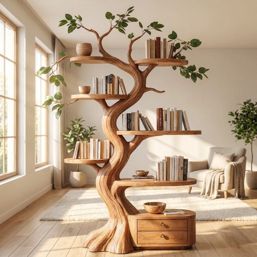 Sculptural Hand-Carved Tree Solid Wood Bookshelf & Branch Wall Display Unit With Integrated 2-Drawer Base