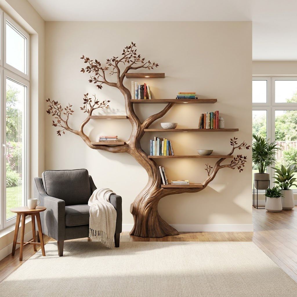 Sculptural Hand-Carved Tree Solid Wood Bookshelf & Branch Wall Display Unit With Integrated Ambient Lighting