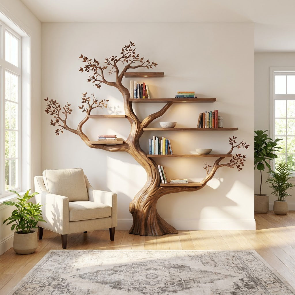 Sculptural Hand-Carved Tree Solid Wood Bookshelf & Branch Wall Display Unit With Integrated Ambient Lighting