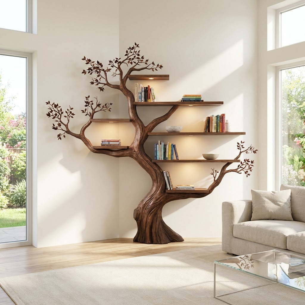 Sculptural Hand-Carved Tree Solid Wood Bookshelf & Branch Wall Display Unit With Integrated Ambient Lighting