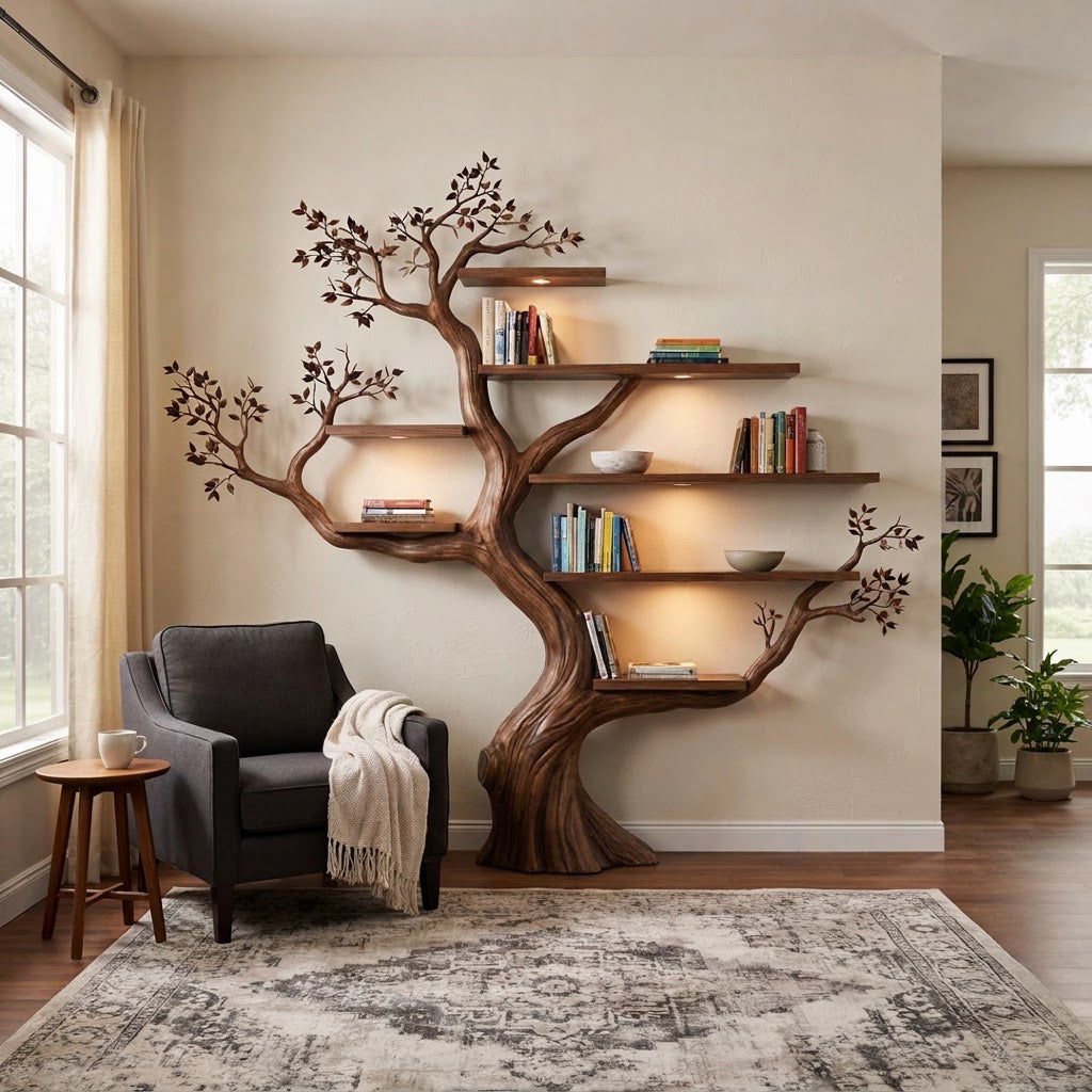 Sculptural Hand-Carved Tree Solid Wood Bookshelf & Branch Wall Display Unit With Integrated Ambient Lighting