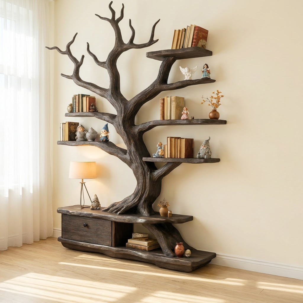 Sculptural Hand-Carved Tree Solid Wood Bookshelf & Branch Wall Display Unit With Integrated Credenza Storage Base