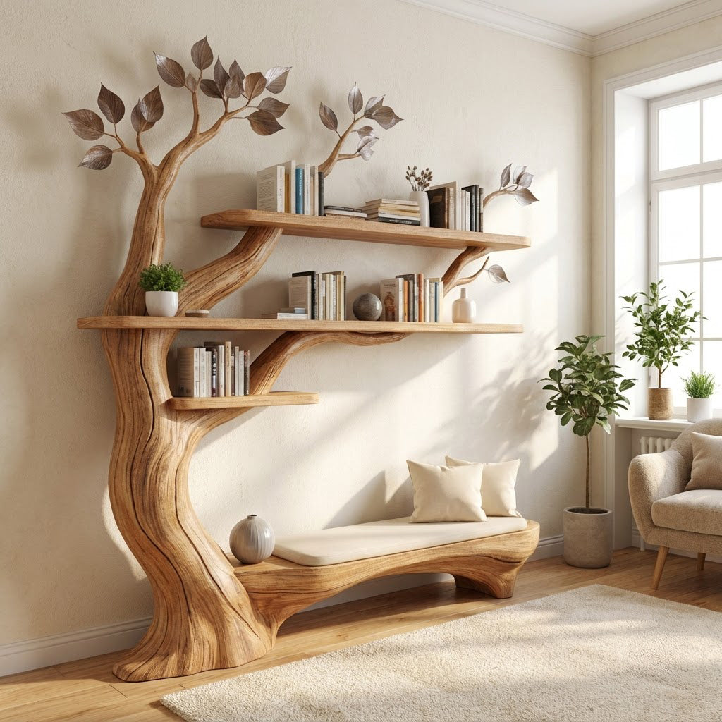 Sculptural Hand-Carved Tree Solid Wood Bookshelf & Branch Wall Display Unit With Integrated Low Reading Bench