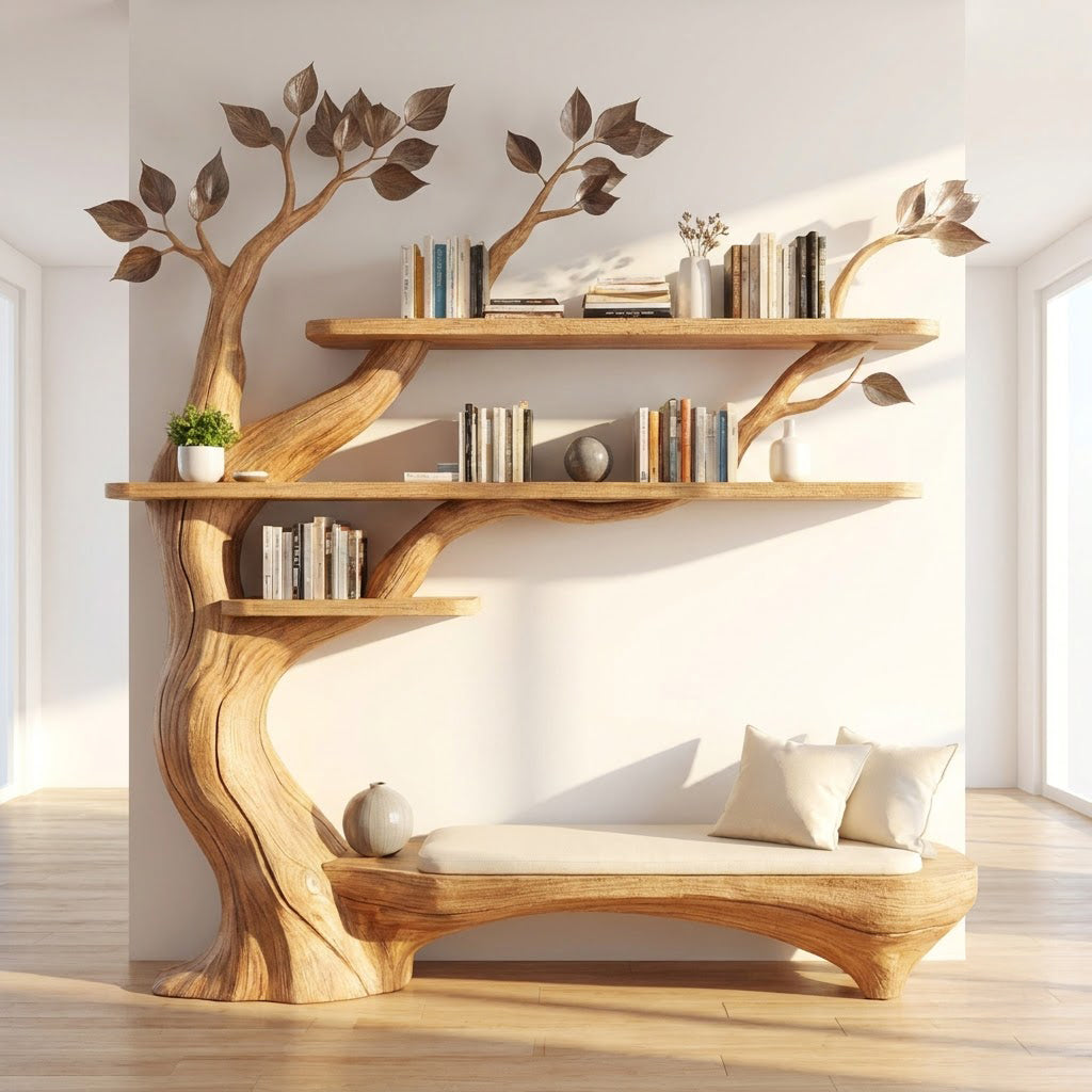 Sculptural Hand-Carved Tree Solid Wood Bookshelf & Branch Wall Display Unit With Integrated Low Reading Bench