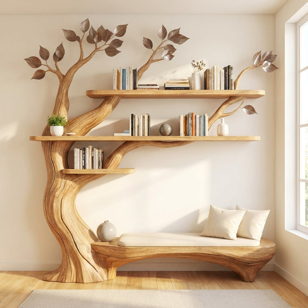 Sculptural Hand-Carved Tree Solid Wood Bookshelf & Branch Wall Display Unit With Integrated Low Reading Bench