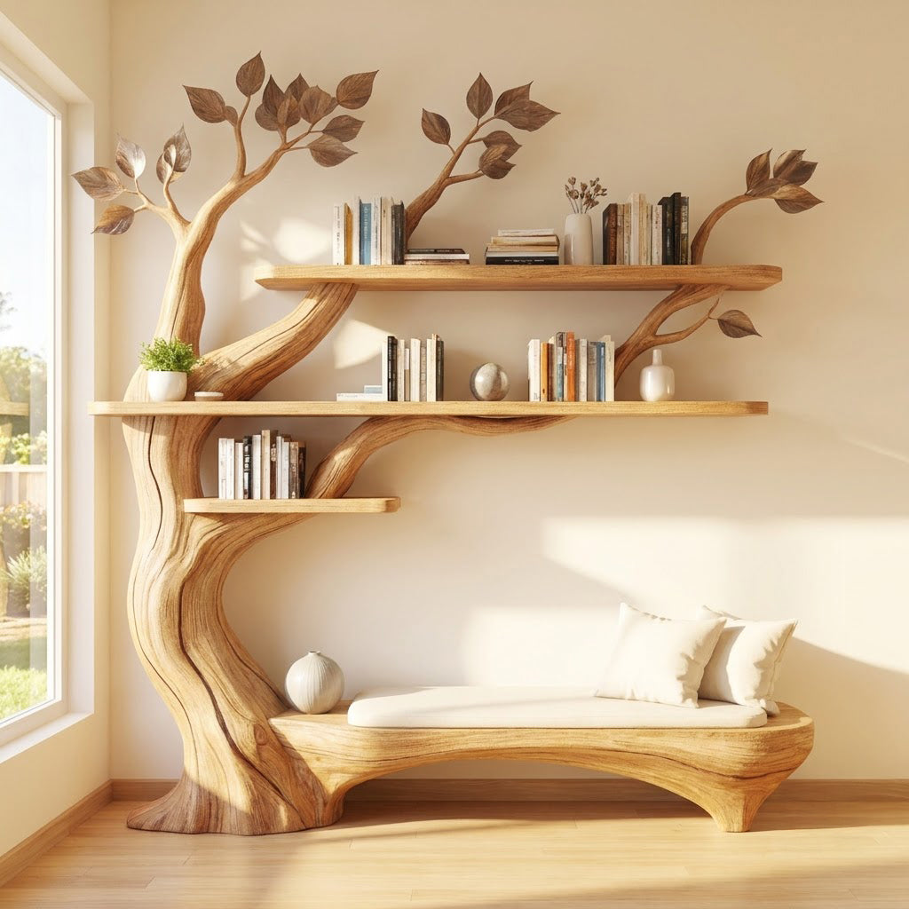 Sculptural Hand-Carved Tree Solid Wood Bookshelf & Branch Wall Display Unit With Integrated Low Reading Bench
