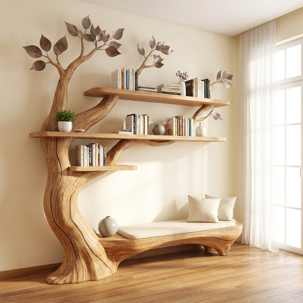 Sculptural Hand-Carved Tree Solid Wood Bookshelf & Branch Wall Display Unit With Integrated Low Reading Bench
