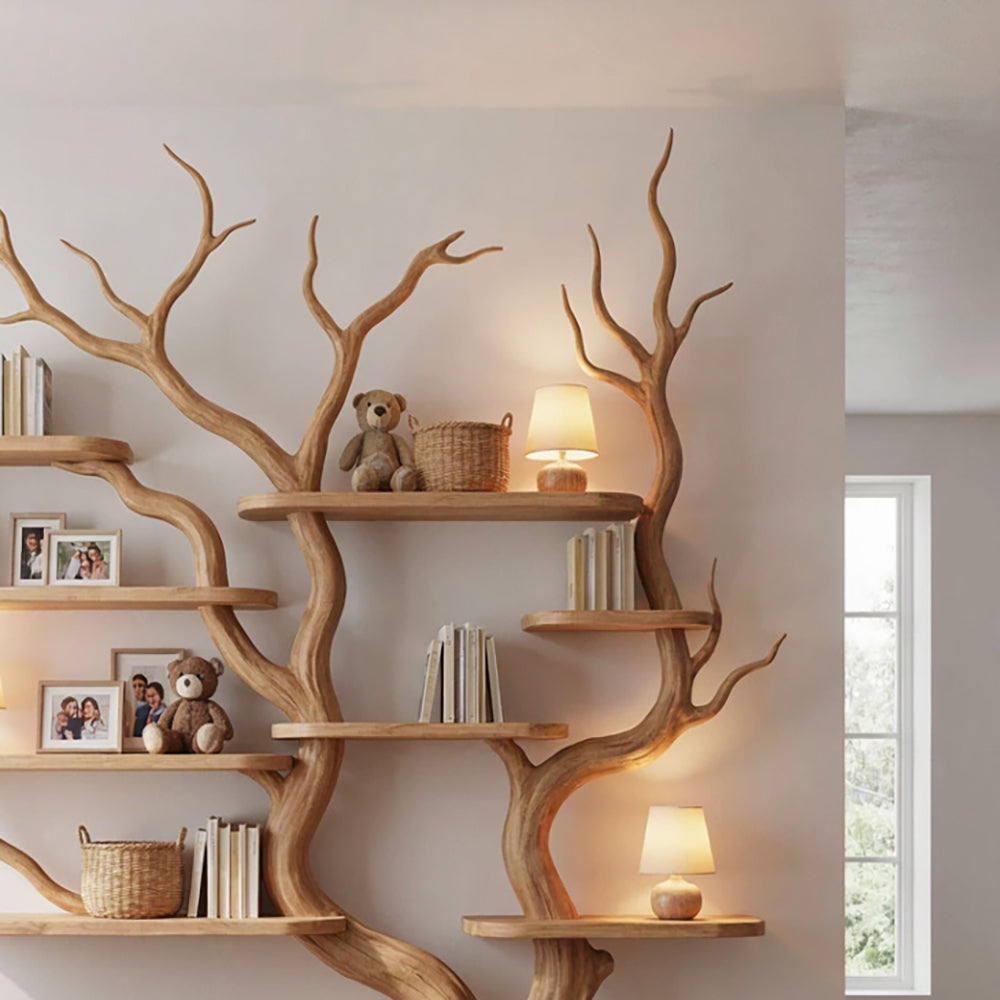 Sculptural Hand-Carved Tree Solid Wood Bookshelf & Sprawling Branch Wall Display Unit