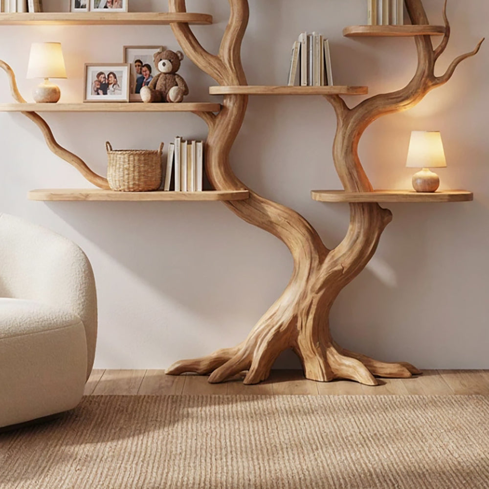 Sculptural Hand-Carved Tree Solid Wood Bookshelf & Sprawling Branch Wall Display Unit